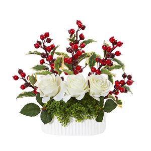 Nearly Natural A1074 12 Inch Rose And Holly Berry Artificial Arrangement In White Vase