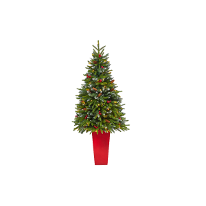 Nearly Natural T2311 62 Inch Snow Tipped Portland Spruce Artificial Christmas Tree With Frosted Berries And Pinecones With 100 Clear LED Lights In Red Tower Planter